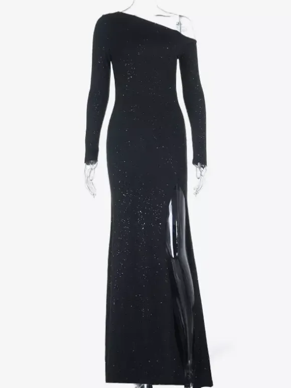 Glitter One Shoulder Maxi Dress For Women - Black Sparkly High Slit Slim Fit Gown - Spring Gala Prom Party Outfits 2026