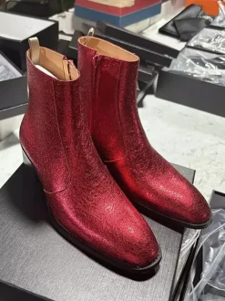 Glitter Ankle Boots Real Leather Round Toe Chunky Heel Booties