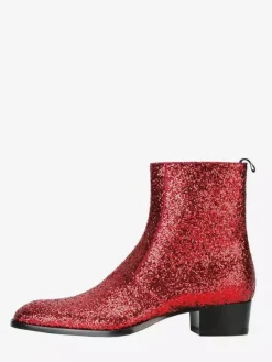 Glitter Ankle Boots Real Leather Round Toe Chunky Heel Booties