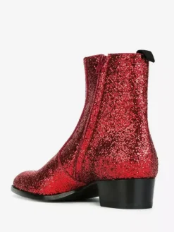 Glitter Ankle Boots Real Leather Round Toe Chunky Heel Booties