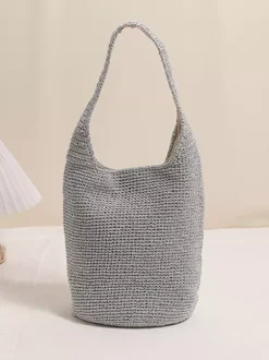 Glitter Thread Knit Bucket Shoulder Bag Magnetic Snap Hollow Woven Hobo Tote Summer Beach Vacation Purse