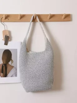 Glitter Thread Knit Bucket Shoulder Bag Magnetic Snap Hollow Woven Hobo Tote Summer Beach Vacation Purse