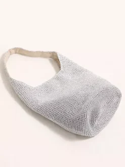 Glitter Thread Knit Bucket Shoulder Bag Magnetic Snap Hollow Woven Hobo Tote Summer Beach Vacation Purse