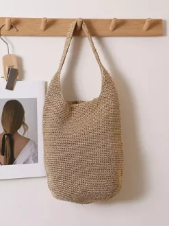 Glitter Thread Knit Bucket Shoulder Bag Magnetic Snap Hollow Woven Hobo Tote Summer Beach Vacation Purse