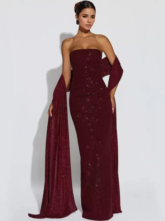 Glitter Tube Maxi Dress For Women - Sexy Backless Long Bodycon Gown With Scarf - Summer Evening Formal 2026