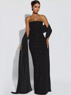 Glitter Tube Maxi Dress For Women - Sexy Backless Long Bodycon Gown With Scarf - Summer Evening Formal 2026