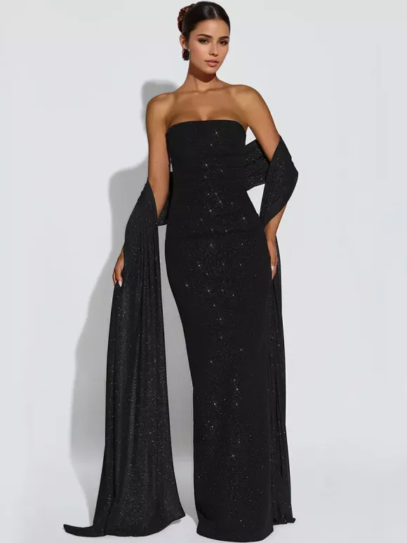 Glitter Tube Maxi Dress For Women - Sexy Backless Long Bodycon Gown With Scarf - Summer Evening Formal 2026