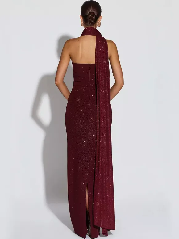 Glitter Tube Maxi Dress For Women - Sexy Backless Long Bodycon Gown With Scarf - Summer Evening Formal 2026