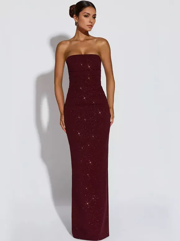 Glitter Tube Maxi Dress For Women - Sexy Backless Long Bodycon Gown With Scarf - Summer Evening Formal 2026