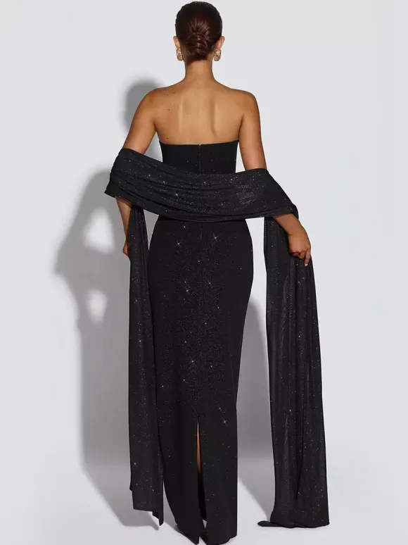 Glitter Tube Maxi Dress For Women - Sexy Backless Long Bodycon Gown With Scarf - Summer Evening Formal 2026