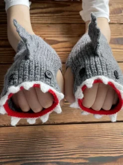 Gloves For Woman Animal Print Crochet Shark Shape Fingerless Home Wear Winter Warm Cute Acc