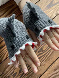 Gloves For Woman Animal Print Crochet Shark Shape Fingerless Home Wear Winter Warm Cute Acc