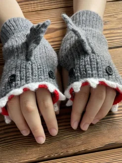 Gloves For Woman Animal Print Crochet Shark Shape Fingerless Home Wear Winter Warm Cute Acc