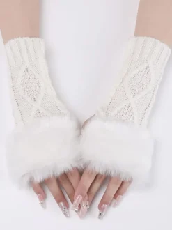 Gloves For Women Pom Poms Fingerless Winter Warm Knitted Gloves