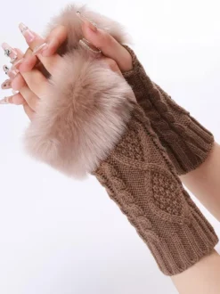 Gloves For Women Pom Poms Fingerless Winter Warm Knitted Gloves