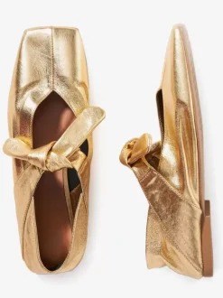 Gold Ballet Flats Square Toe Metallic Knotted Detail Flat Shoes