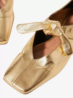 Gold Ballet Flats Square Toe Metallic Knotted Detail Flat Shoes