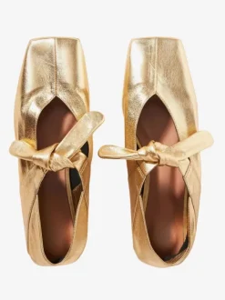 Gold Ballet Flats Square Toe Metallic Knotted Detail Flat Shoes