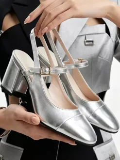Gold Chunky Heel Pumps Square Toe Slingback Pumps Prom Shoes