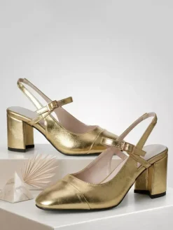 Gold Chunky Heel Pumps Square Toe Slingback Pumps Prom Shoes