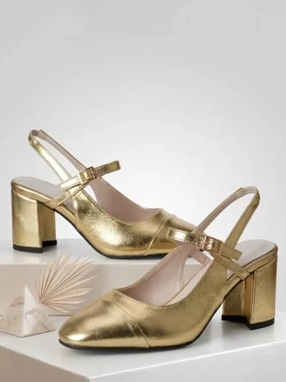Gold Chunky Heel Pumps Square Toe Slingback Pumps Prom Shoes