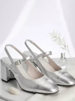 Gold Chunky Heel Pumps Square Toe Slingback Pumps Prom Shoes