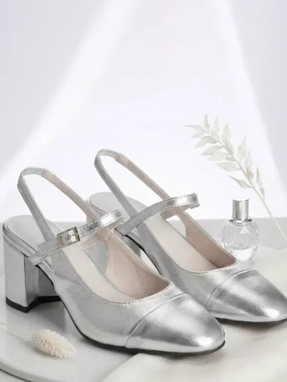 Gold Chunky Heel Pumps Square Toe Slingback Pumps Prom Shoes