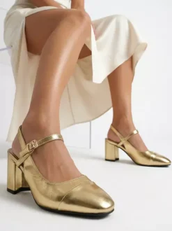 Gold Chunky Heel Pumps Square Toe Slingback Pumps Prom Shoes