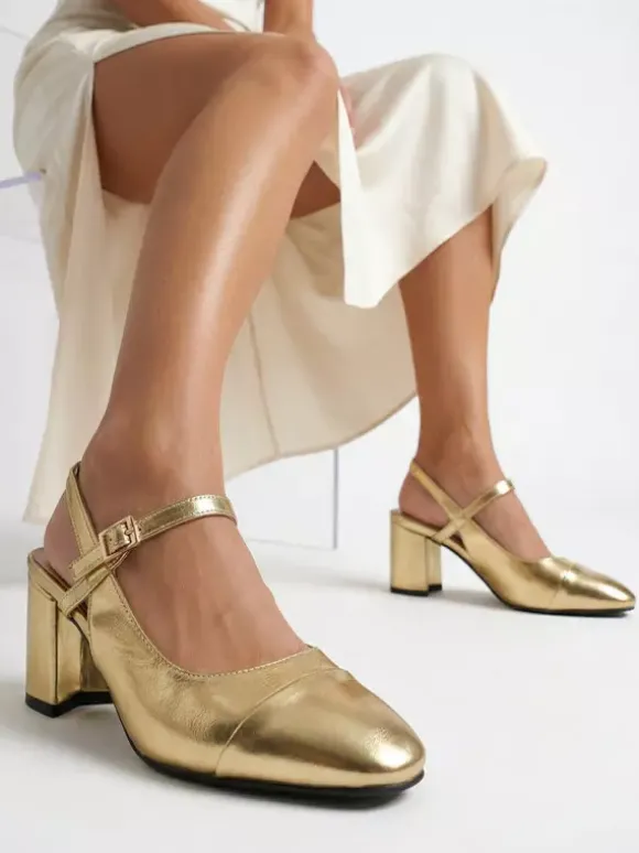 Gold Chunky Heel Pumps Square Toe Slingback Pumps Prom Shoes