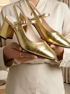 Gold Chunky Heel Pumps Square Toe Slingback Pumps Prom Shoes
