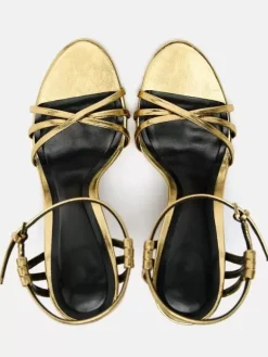 Gold Heeled Sandals Open Toe Strappy Ankle Strap Party Shoes