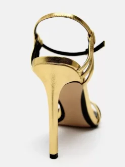 Gold Heeled Sandals Open Toe Strappy Ankle Strap Party Shoes