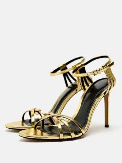 Gold Heeled Sandals Open Toe Strappy Ankle Strap Party Shoes