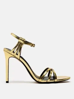 Gold Heeled Sandals Open Toe Strappy Ankle Strap Party Shoes