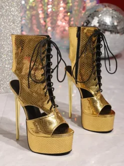 Gold High Heel Booties Women's Platform Open Toe Lace Up Sexy Shoes