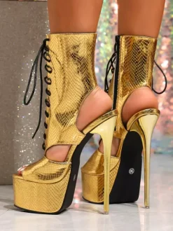 Gold High Heel Booties Women's Platform Open Toe Lace Up Sexy Shoes