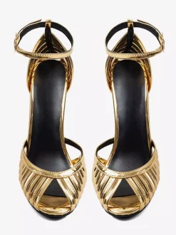 Gold High Heel Sandals Peep Toe Designed Stiletto Party Shoes
