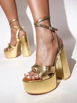 Gold High Heel Sandals Platform Open Toe Knotted Chunky Heel Ankle Strap Sandal Shoes