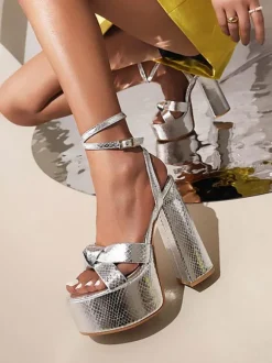 Gold High Heel Sandals Platform Open Toe Knotted Chunky Heel Ankle Strap Sandal Shoes