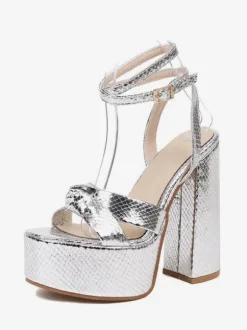 Gold High Heel Sandals Platform Open Toe Knotted Chunky Heel Ankle Strap Sandal Shoes