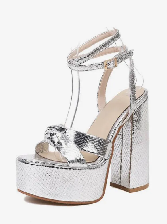 Gold High Heel Sandals Platform Open Toe Knotted Chunky Heel Ankle Strap Sandal Shoes