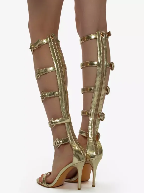 Gold High Heel Sandals Women's Open Toe Buckle Detail Gladiator Sandals