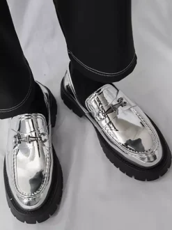 Gold Men's Loafers Round Toe Metal Detail Slip On Dress Shoes