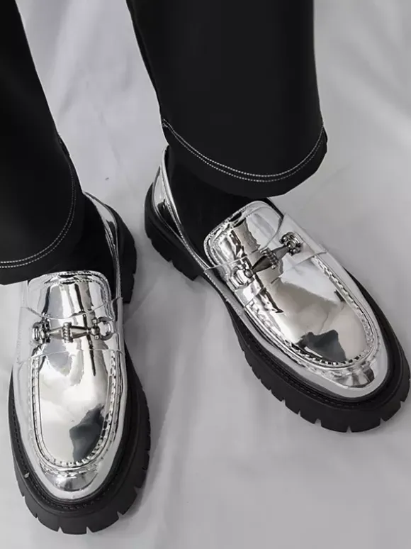 Gold Men's Loafers Round Toe Metal Detail Slip On Dress Shoes