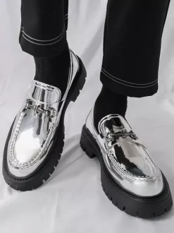 Gold Men's Loafers Round Toe Metal Detail Slip On Dress Shoes