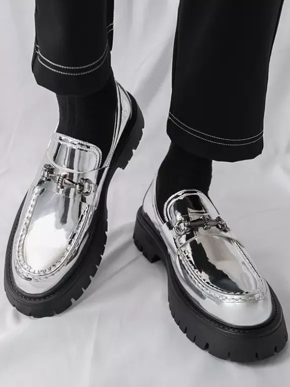 Gold Men's Loafers Round Toe Metal Detail Slip On Dress Shoes