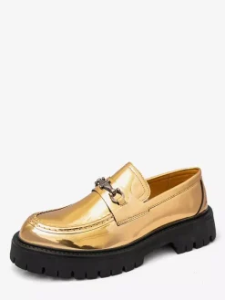 Gold Men's Loafers Round Toe Metal Detail Slip On Dress Shoes