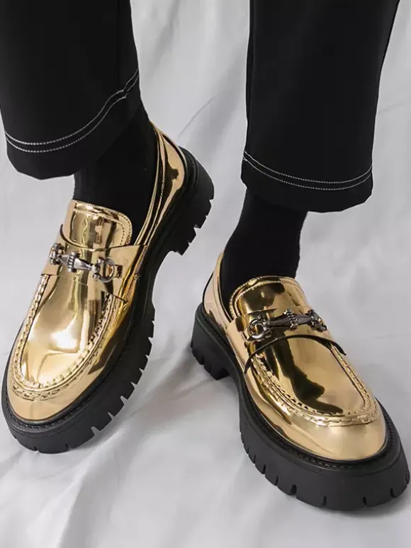 Gold Men's Loafers Round Toe Metal Detail Slip On Dress Shoes