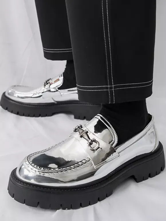 Gold Men's Loafers Round Toe Metal Detail Slip On Dress Shoes