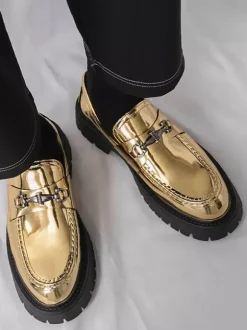 Gold Men's Loafers Round Toe Metal Detail Slip On Dress Shoes